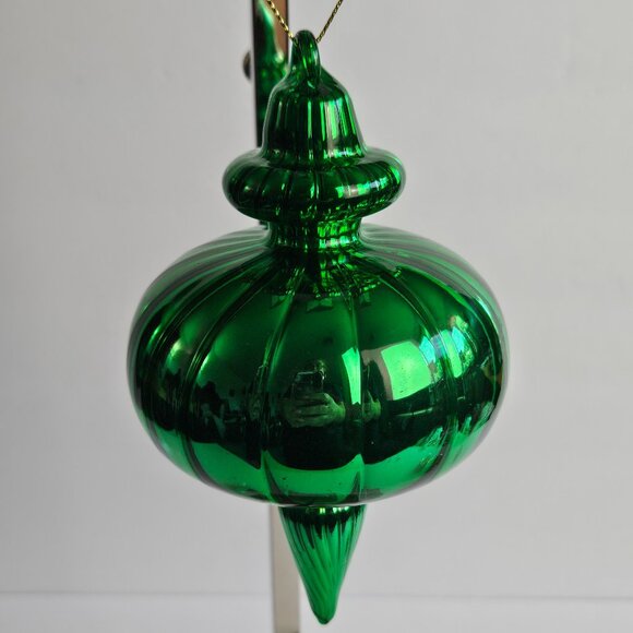 Handblown Green Glass Ornament – 5.75" Tall x 3.5" Wide – Vintage Style Holiday - Picture 1 of 8